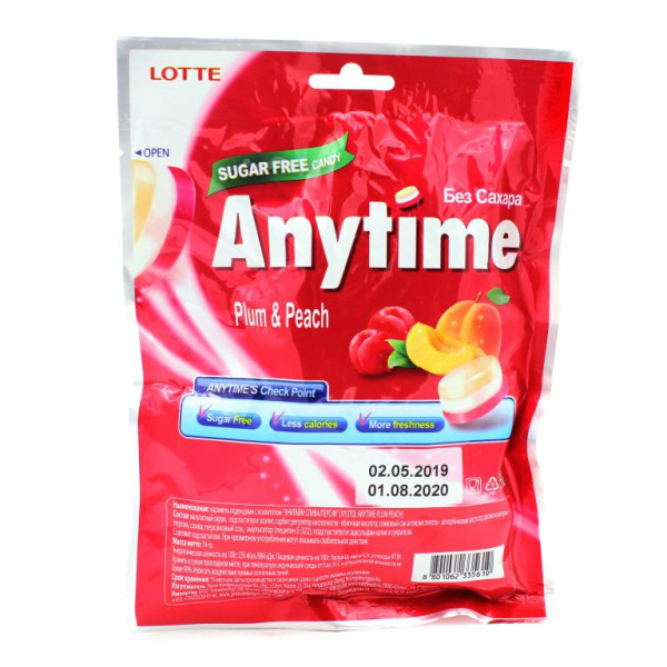 Леденцы Lotte Anytime  Plum & Peach Слива и персик (без сахара ) 74 гр. в магазине ТеаКофее, фото